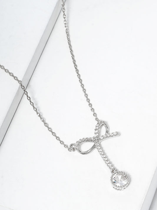 White Gold Dipped CZ Pave Ribbon Bow Pendant Necklace
