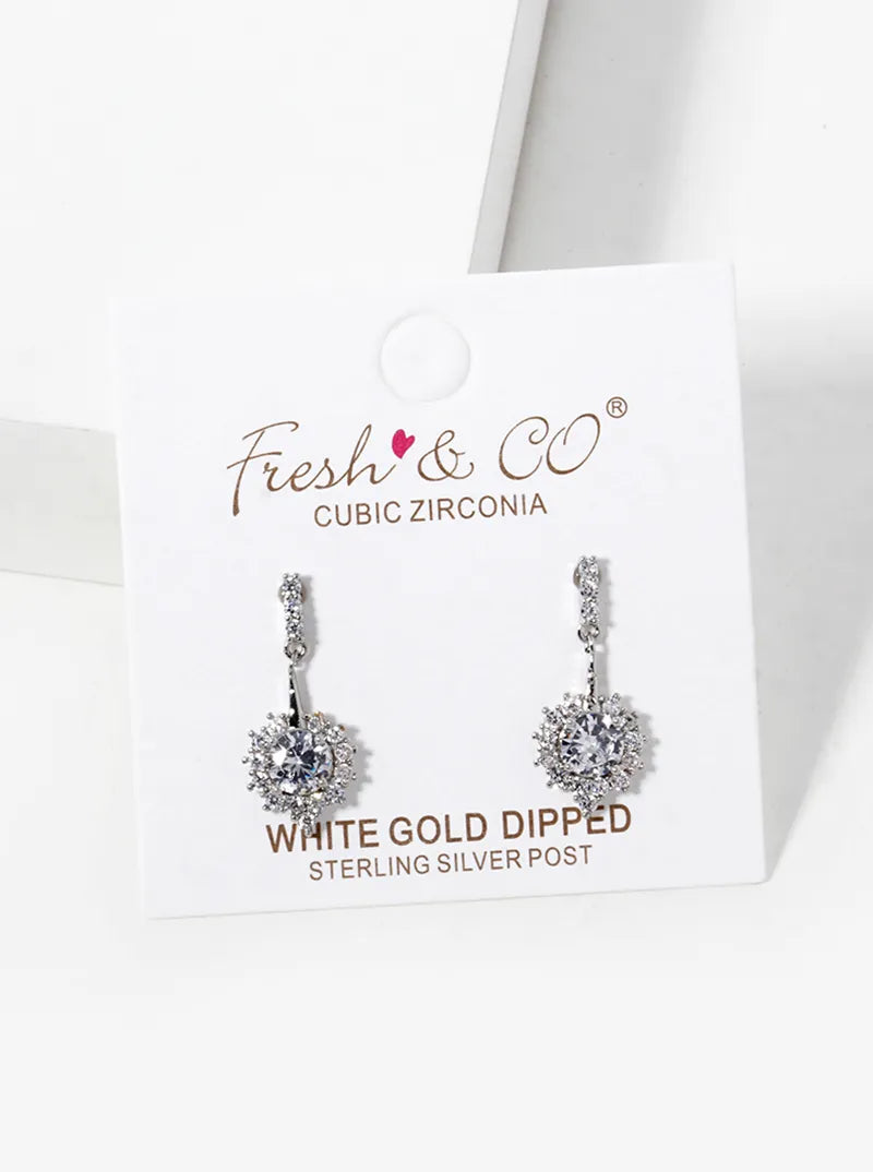 White Gold Dipped CZ Pave Round Drop Stud Earrings