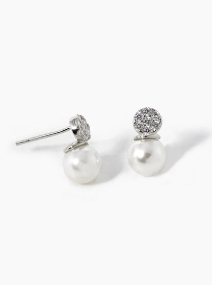 White Gold Dipped CZ Pave Round With Pearl Drop Stud Earrings