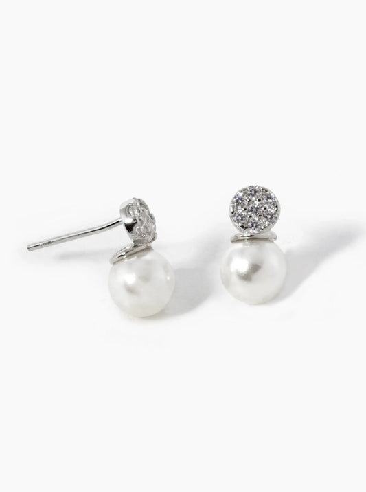 White Gold Dipped CZ Pave Round With Pearl Drop Stud Earrings