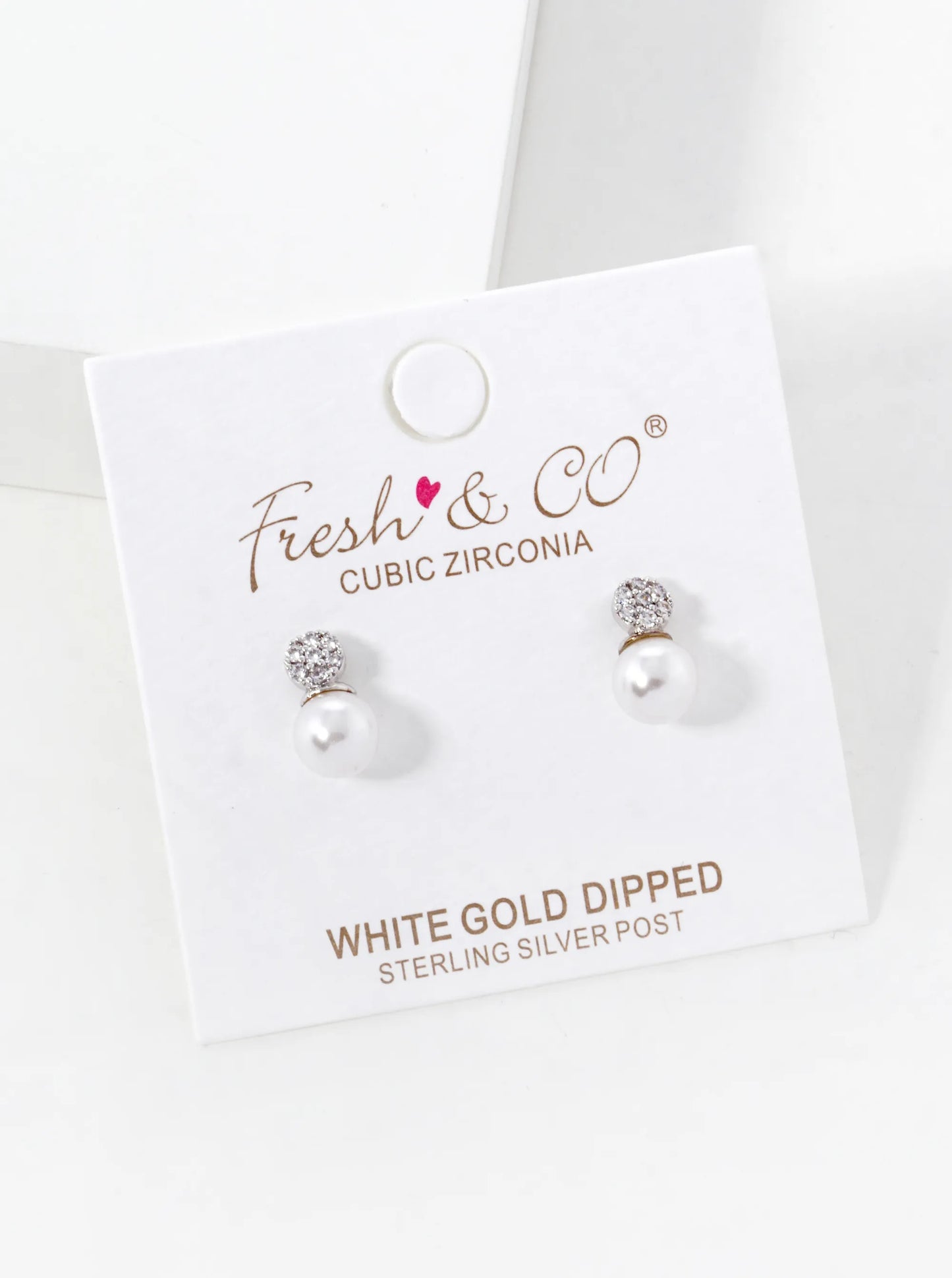 White Gold Dipped CZ Pave Round With Pearl Drop Stud Earrings