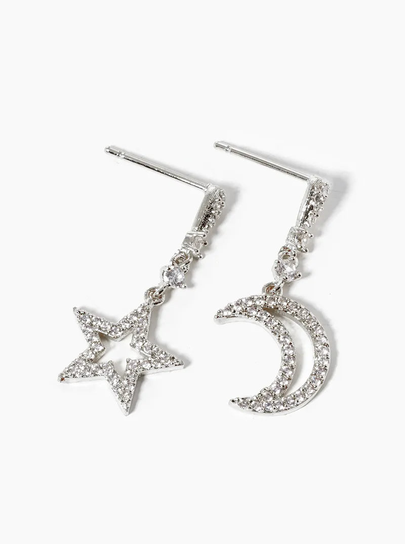18k Gold Dipped CZ Pave Star And Moon Drop Dangle Post Earrings