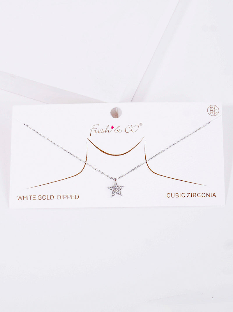 White Gold Dipped CZ Pave Star Pendant Delicate Necklace
