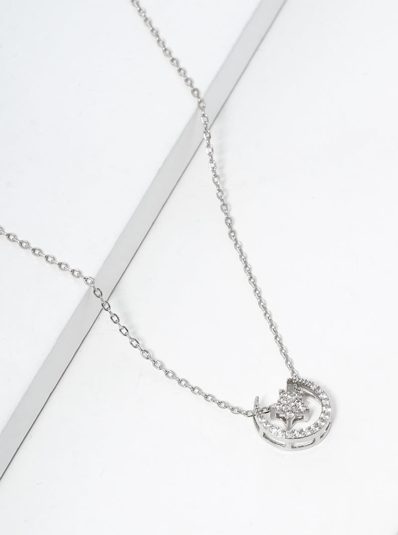 White Gold Dipped CZ Pave Star And Moon Pendant Necklace