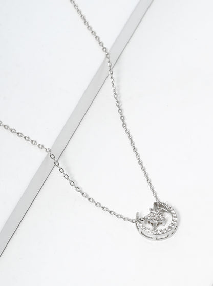 White Gold Dipped CZ Pave Star And Moon Pendant Necklace