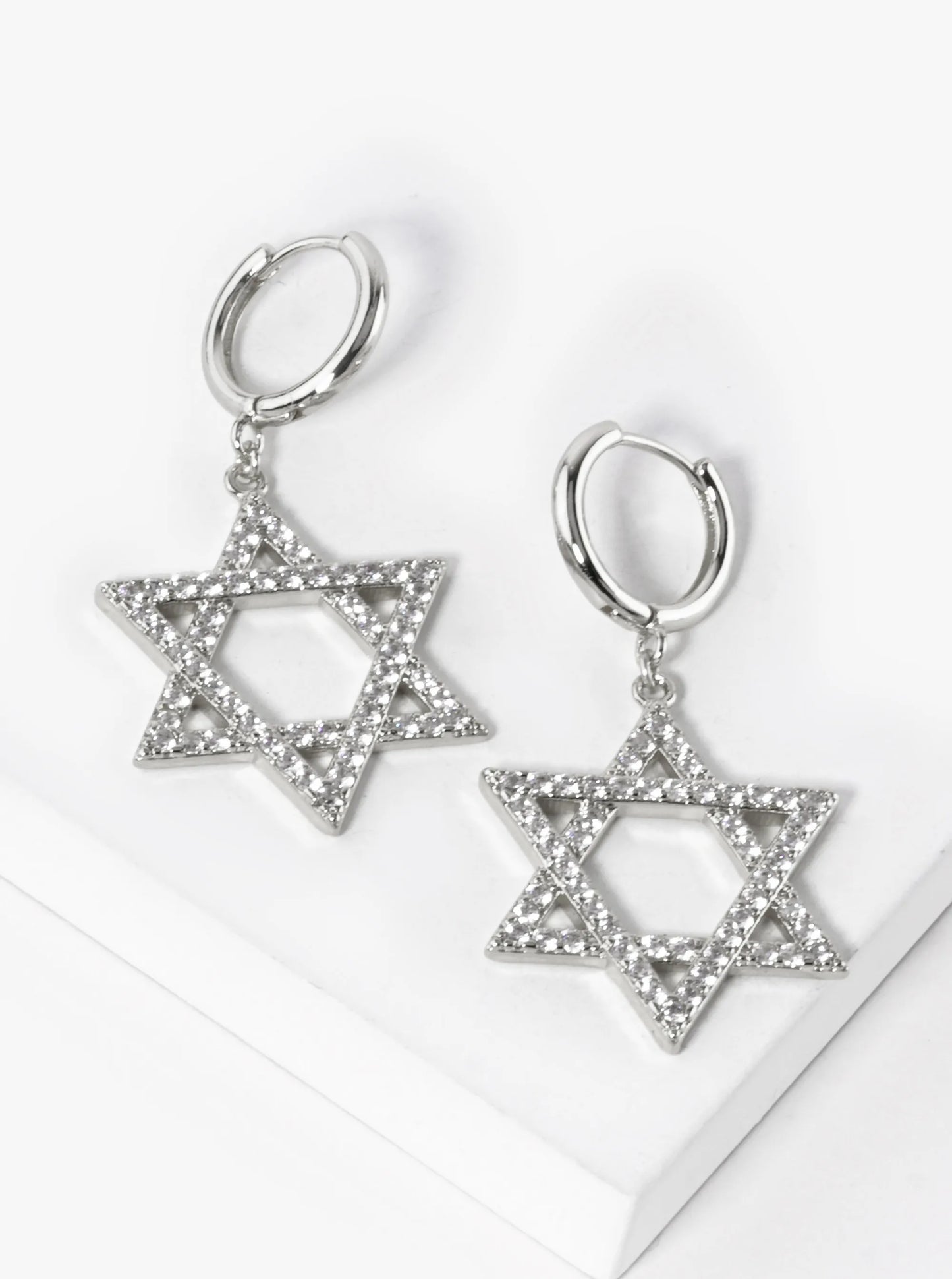 18K Gold Dipped CZ Pave Star Of David Drop 12mm Huggie Hoop Earrings