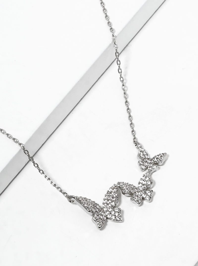 18K Gold Dipped CZ Pave Tri Butterfly Pendant Necklace