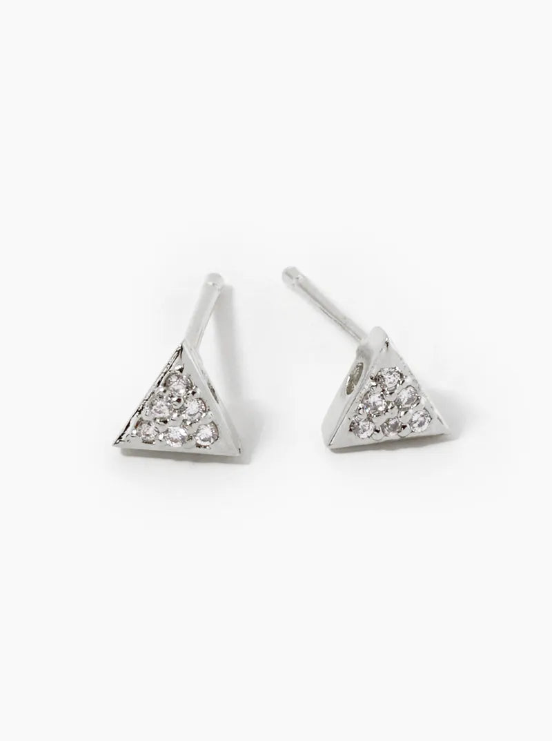 White Gold Dipped CZ Pave Triangle Stud Earrings