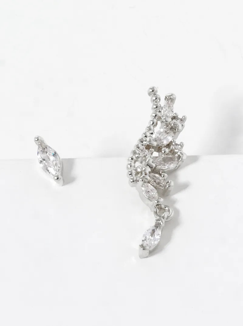 White Gold Dipped CZ Pave Uneven Stud Earrings
