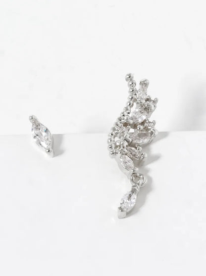 White Gold Dipped CZ Pave Uneven Stud Earrings