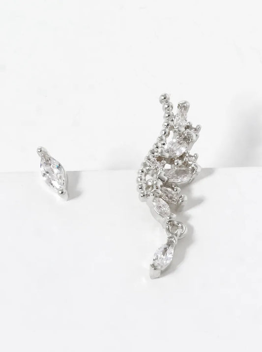 White Gold Dipped CZ Pave Uneven Stud Earrings