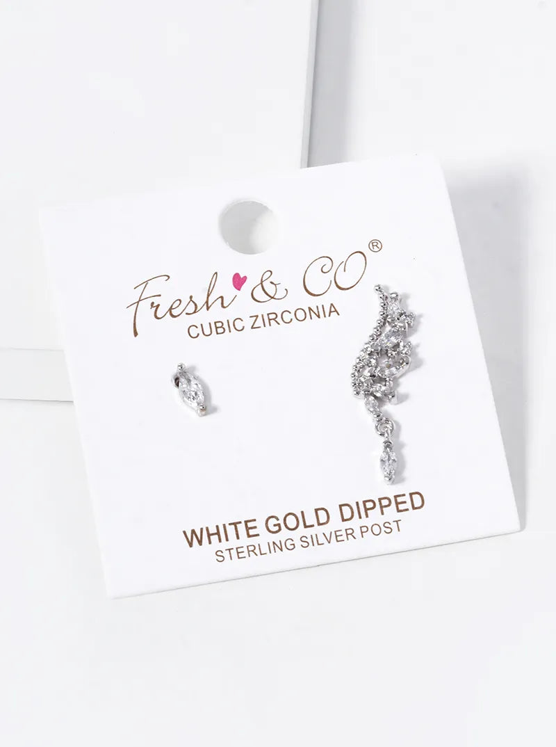 White Gold Dipped CZ Pave Uneven Stud Earrings