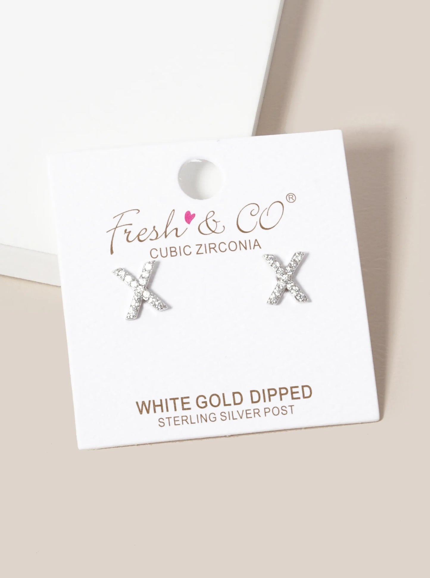 White Gold Dipped CZ Pave X Shape Stud Earrings