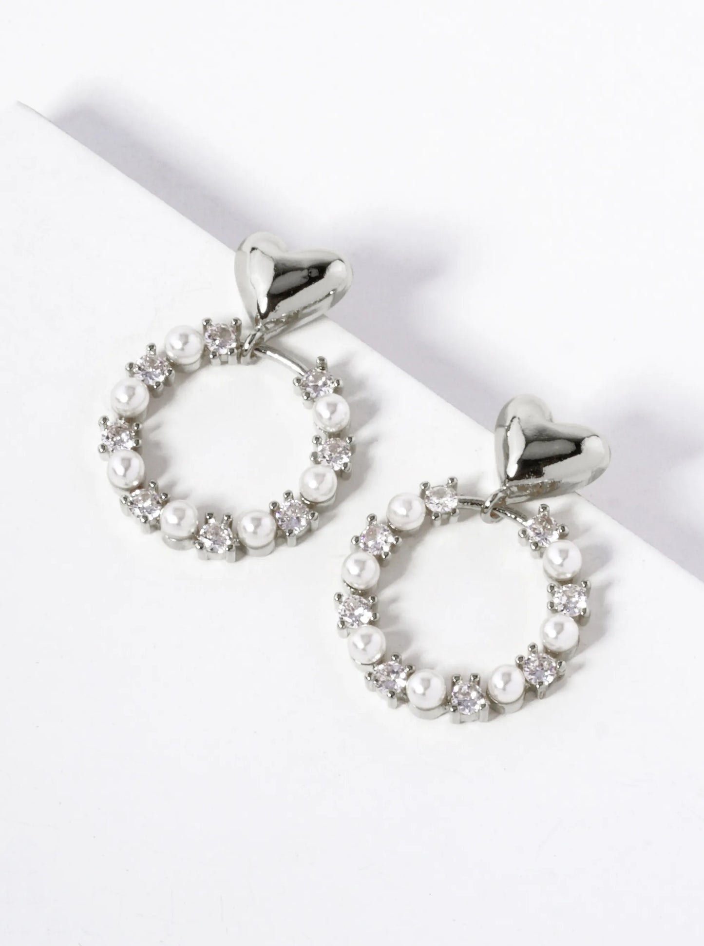 18k Gold Dipped CZ Pearl Beaded Circle Drop Heart Dangle Earrings