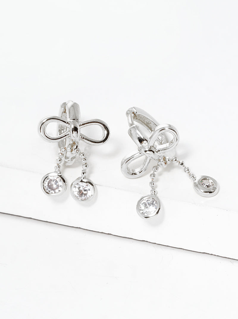 White Gold Dipped CZ Ribbon Bow Drop 8mm Huggie Hoop Earrings