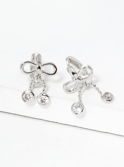 White Gold Dipped CZ Ribbon Bow Drop 8mm Huggie Hoop Earrings