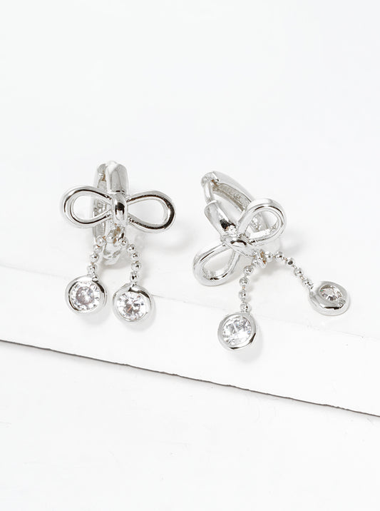 White Gold Dipped CZ Ribbon Bow Drop 8mm Huggie Hoop Earrings
