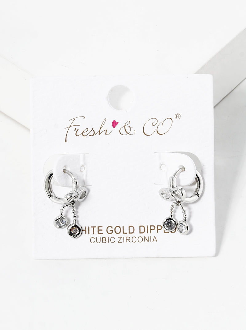 White Gold Dipped CZ Ribbon Bow Drop 8mm Huggie Hoop Earrings