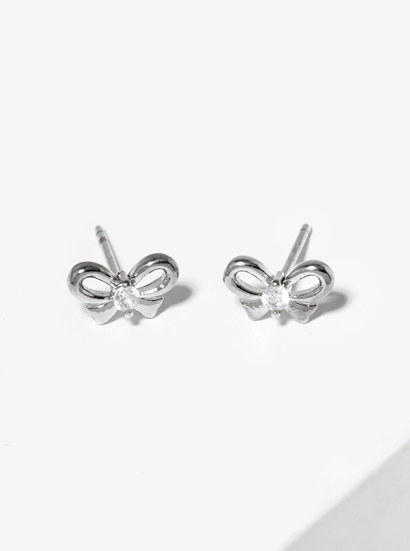 18K Gold Dipped CZ Stone Ribbon Bow Post Stud Earrings