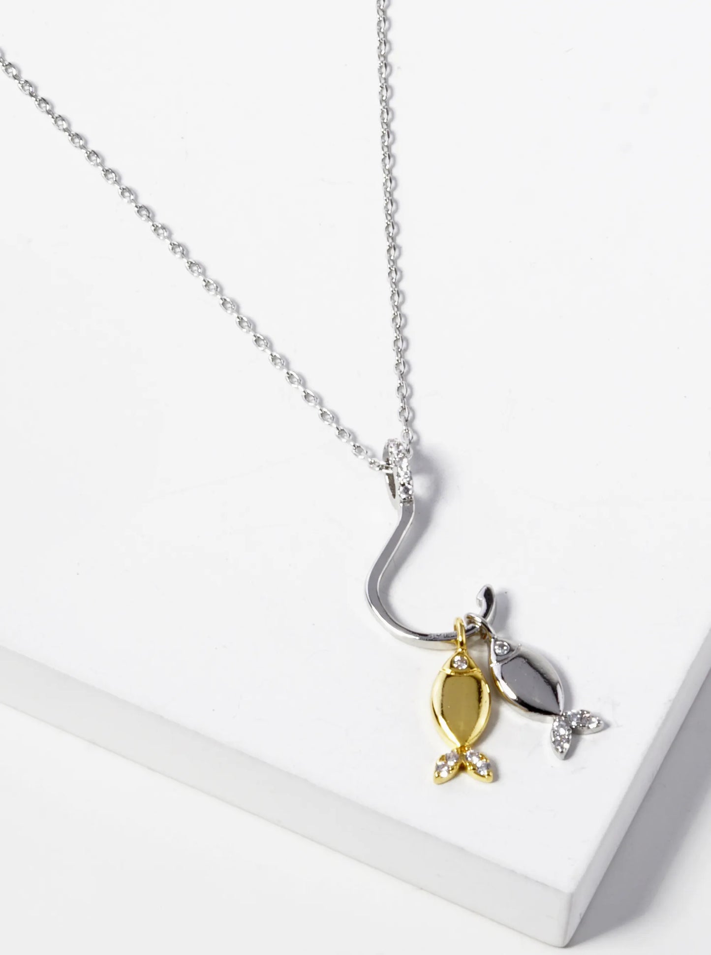 18k Gold Dipped CZ Two Fish With A Hook Pendant Necklace