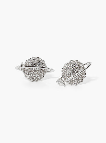 White Gold Dipped CZ Pave Saturn Post Stud Earrings
