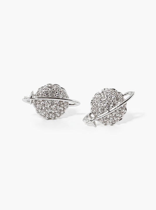 White Gold Dipped CZ Pave Saturn Post Stud Earrings