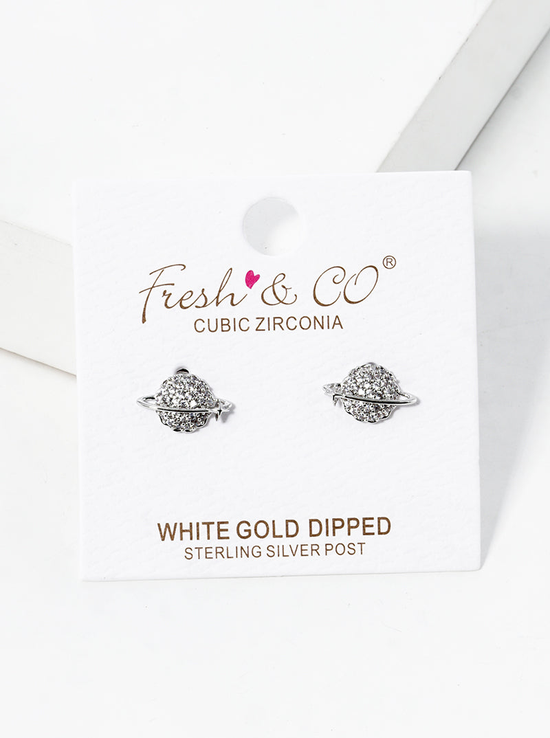 White Gold Dipped CZ Pave Saturn Post Stud Earrings