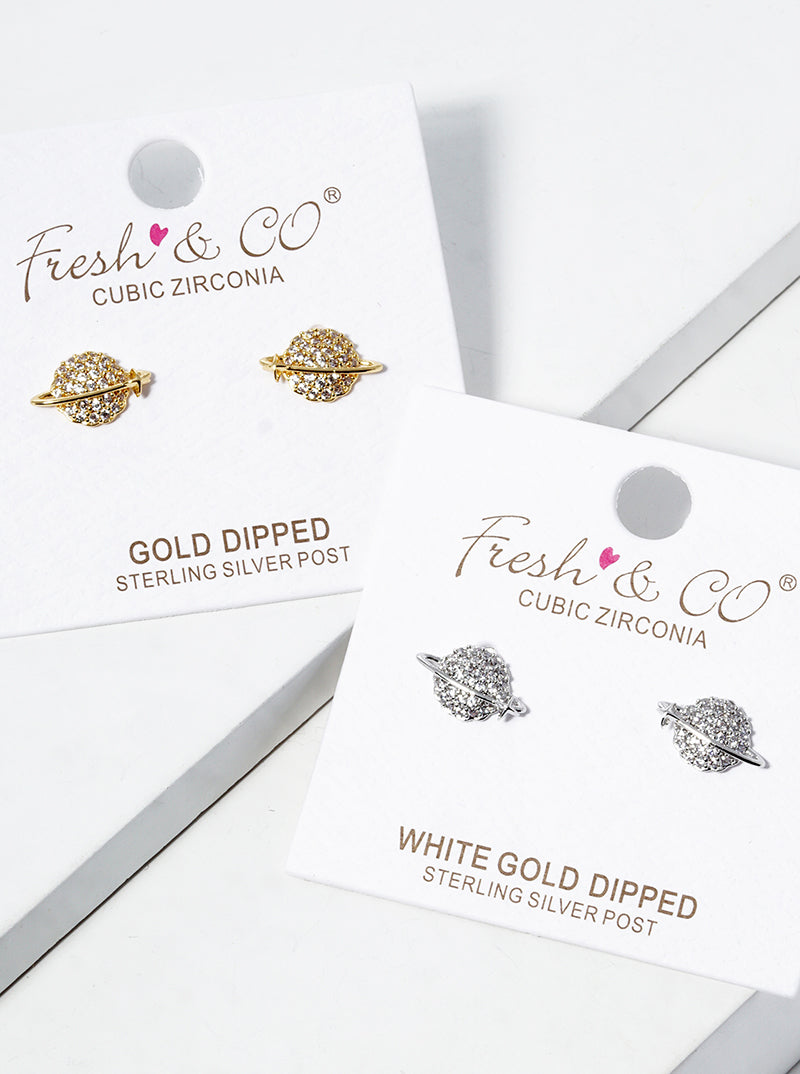 White Gold Dipped CZ Pave Saturn Post Stud Earrings