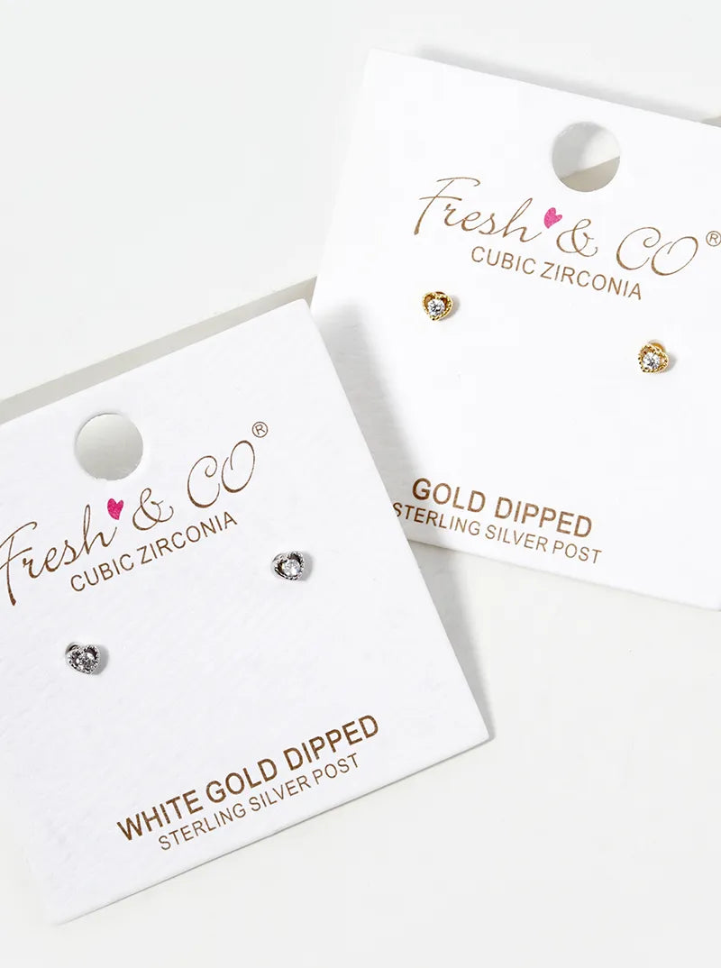 White Gold Dipped Dainty CZ Heart Post Stud Earrings