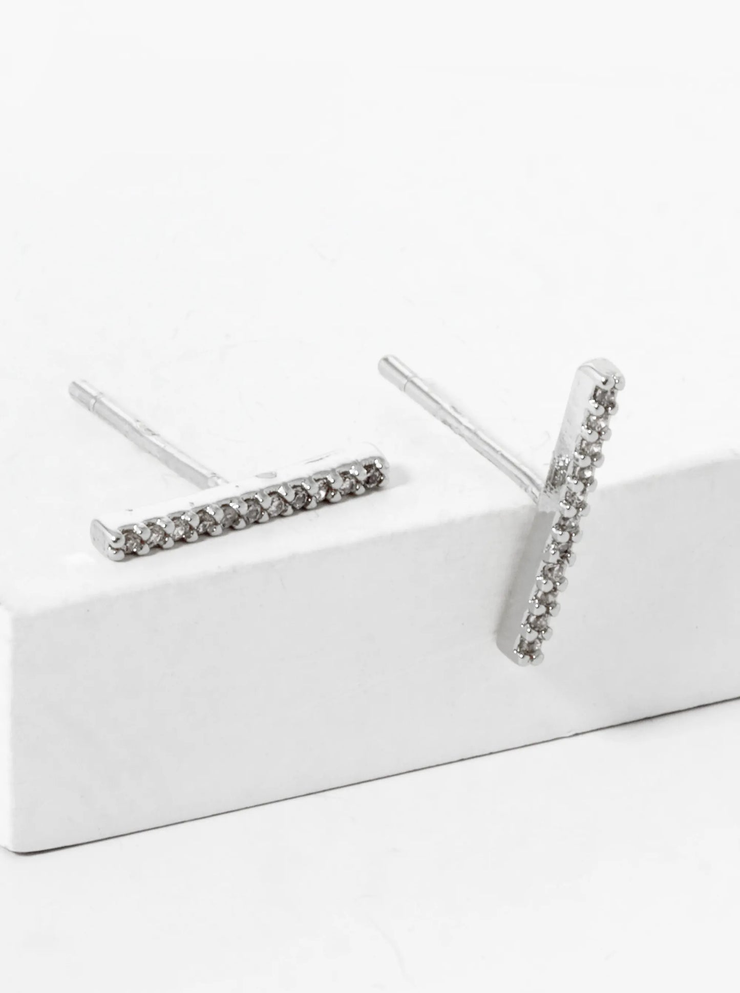 White Gold Dipped Delicate CZ Pave Bar Stud Earrings