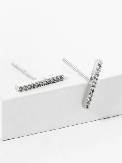 White Gold Dipped Delicate CZ Pave Bar Stud Earrings