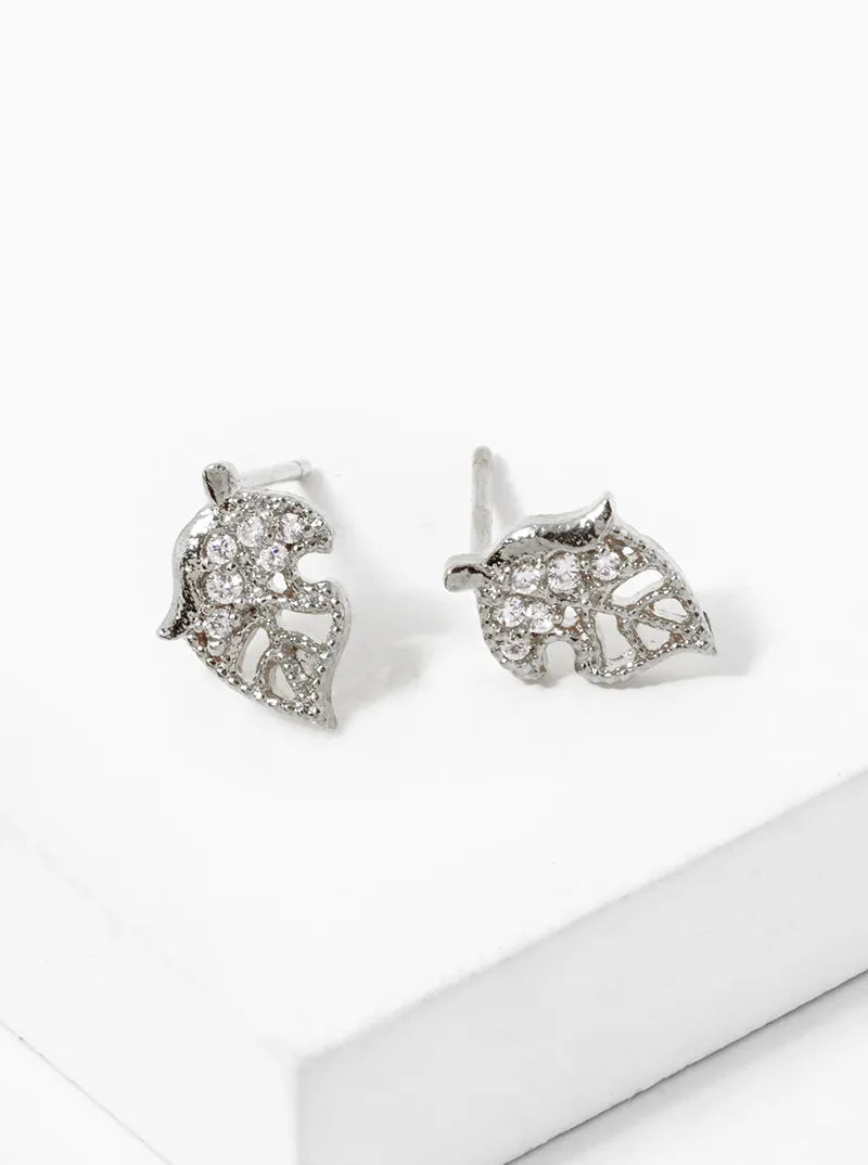 White Gold Dipped Delicate CZ Pave Leaf Stud Earrings