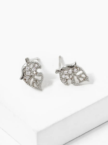 White Gold Dipped Delicate CZ Pave Leaf Stud Earrings