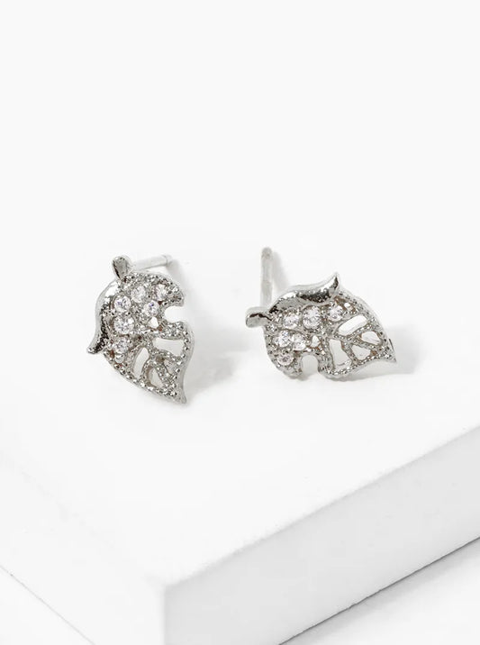 White Gold Dipped Delicate CZ Pave Leaf Stud Earrings