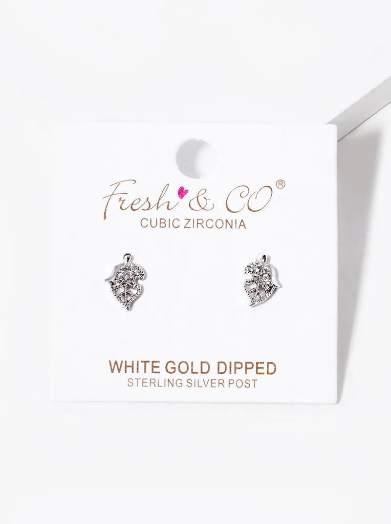 White Gold Dipped Delicate CZ Pave Leaf Stud Earrings