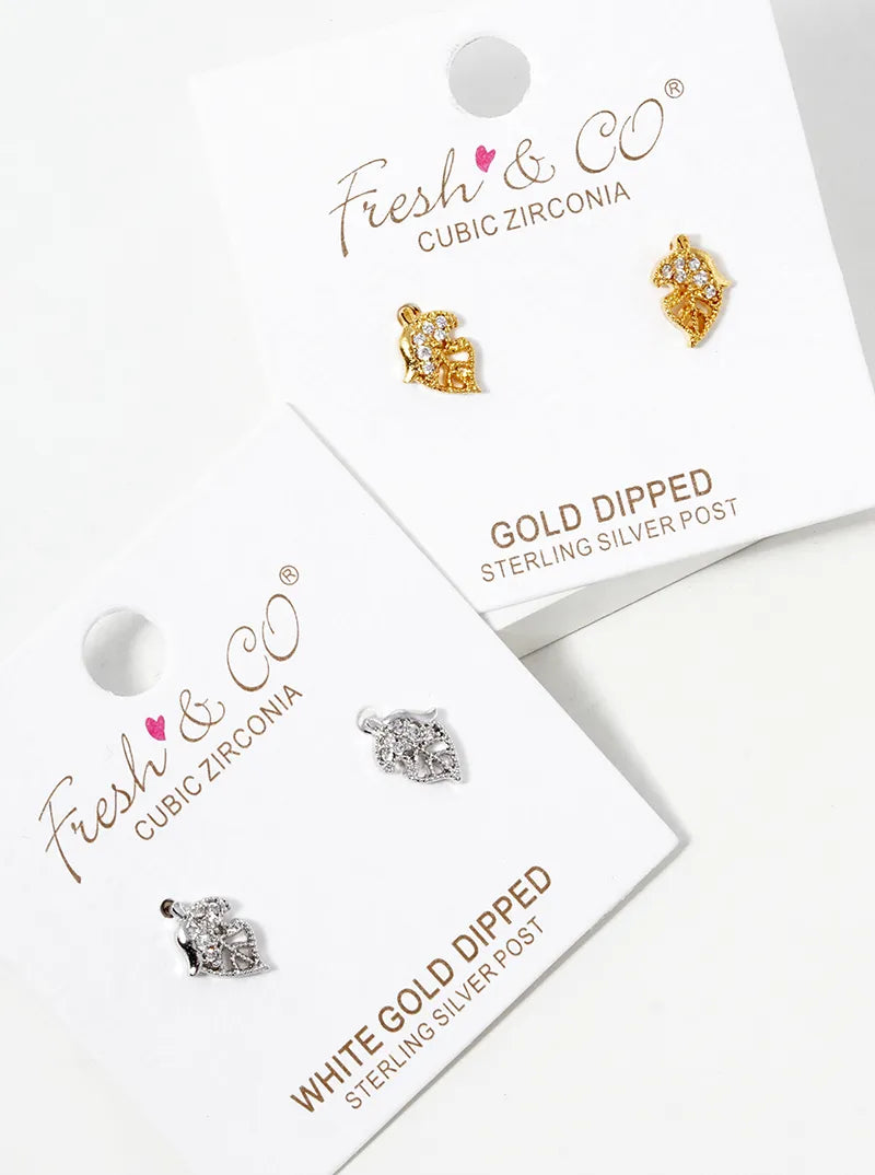 White Gold Dipped Delicate CZ Pave Leaf Stud Earrings