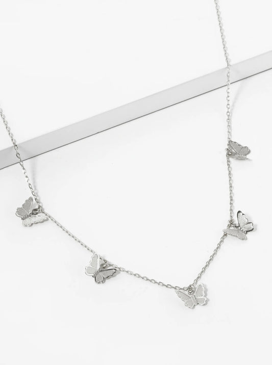 White Gold Dipped Delicate Textured Brass Five Butterflies Pendant Necklace