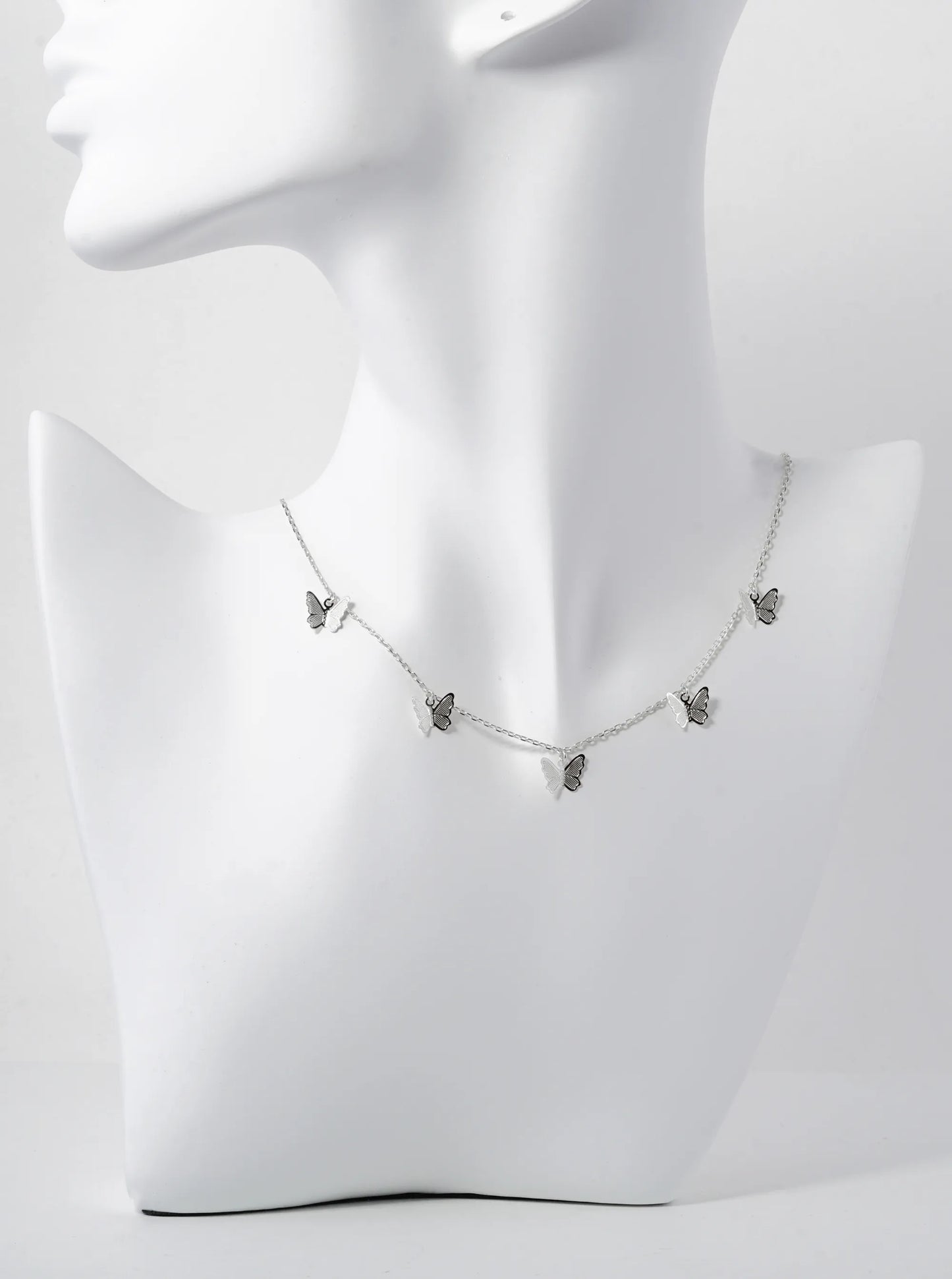 White Gold Dipped Delicate Textured Brass Five Butterflies Pendant Necklace