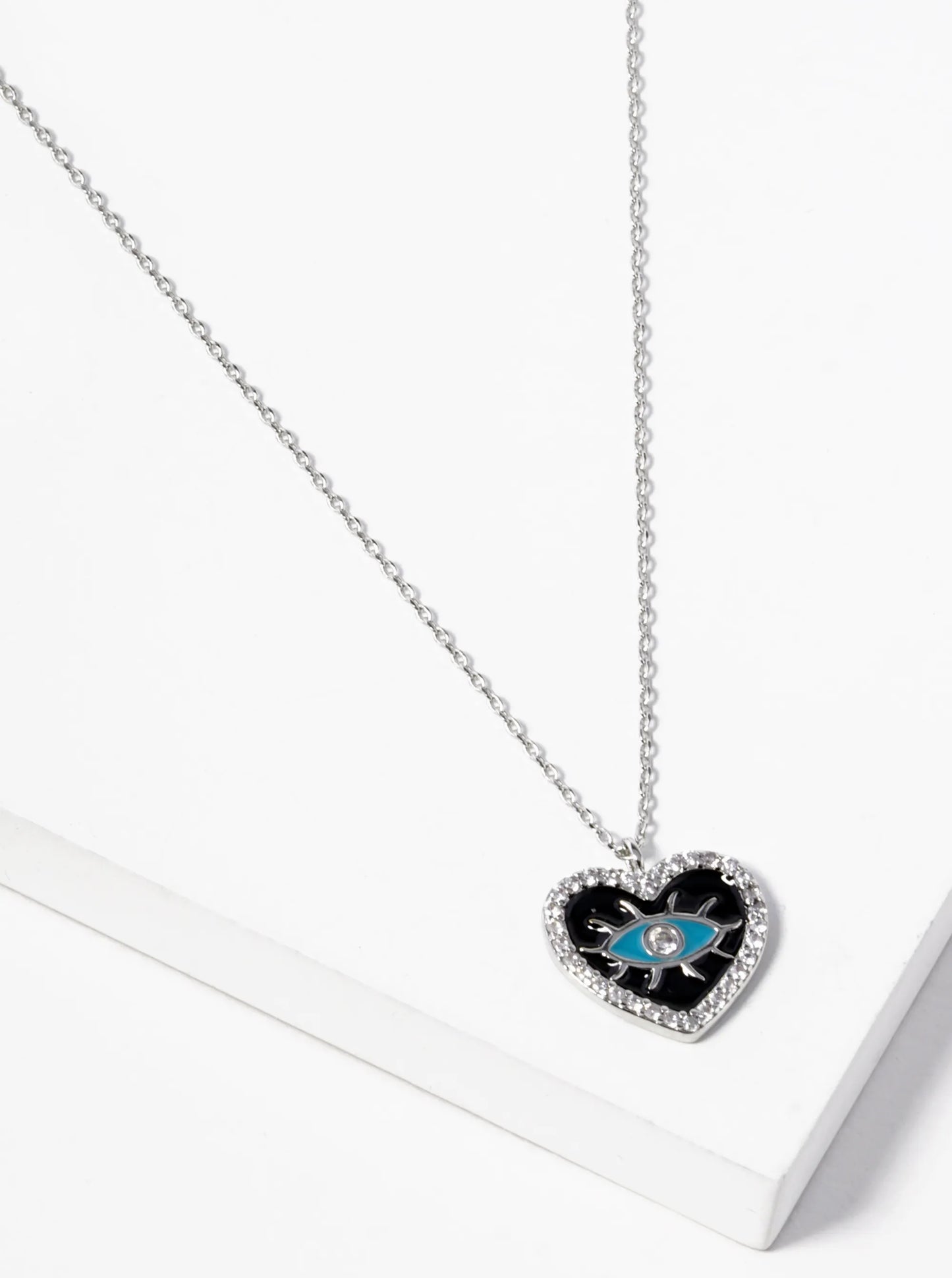 18k Gold Dipped Enamel Evil Eye In CZ Pave Heart Pendant Necklace
