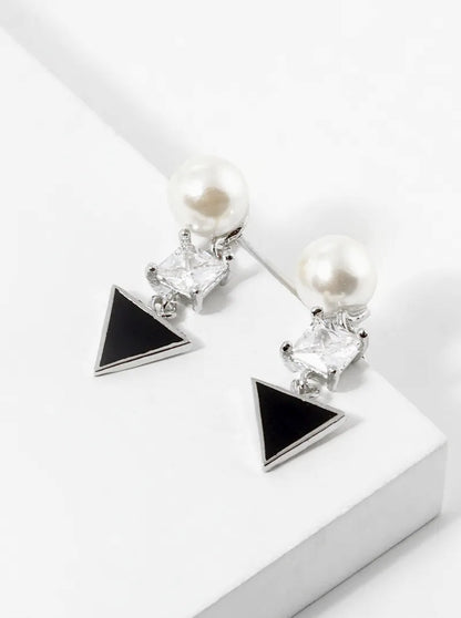 White Gold Dipped Geometric CZ Pearl Dangle Post Stud Earrings