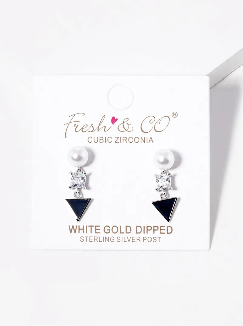 White Gold Dipped Geometric CZ Pearl Dangle Post Stud Earrings