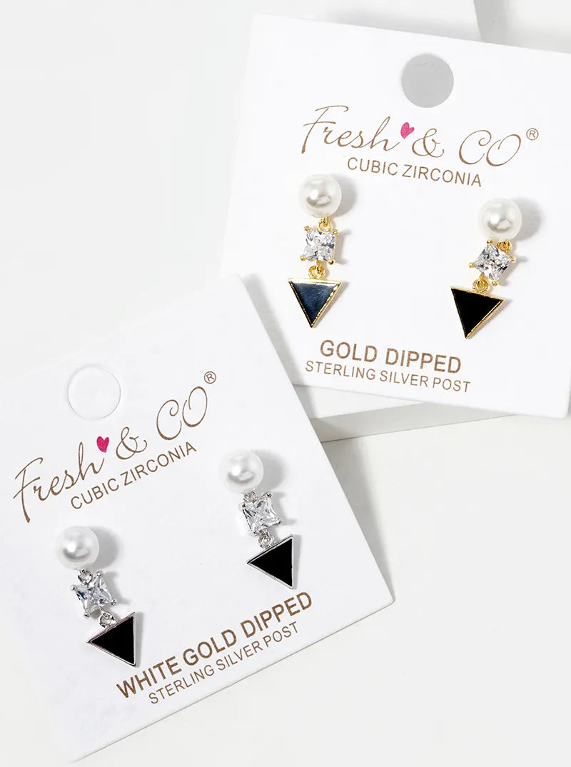 White Gold Dipped Geometric CZ Pearl Dangle Post Stud Earrings