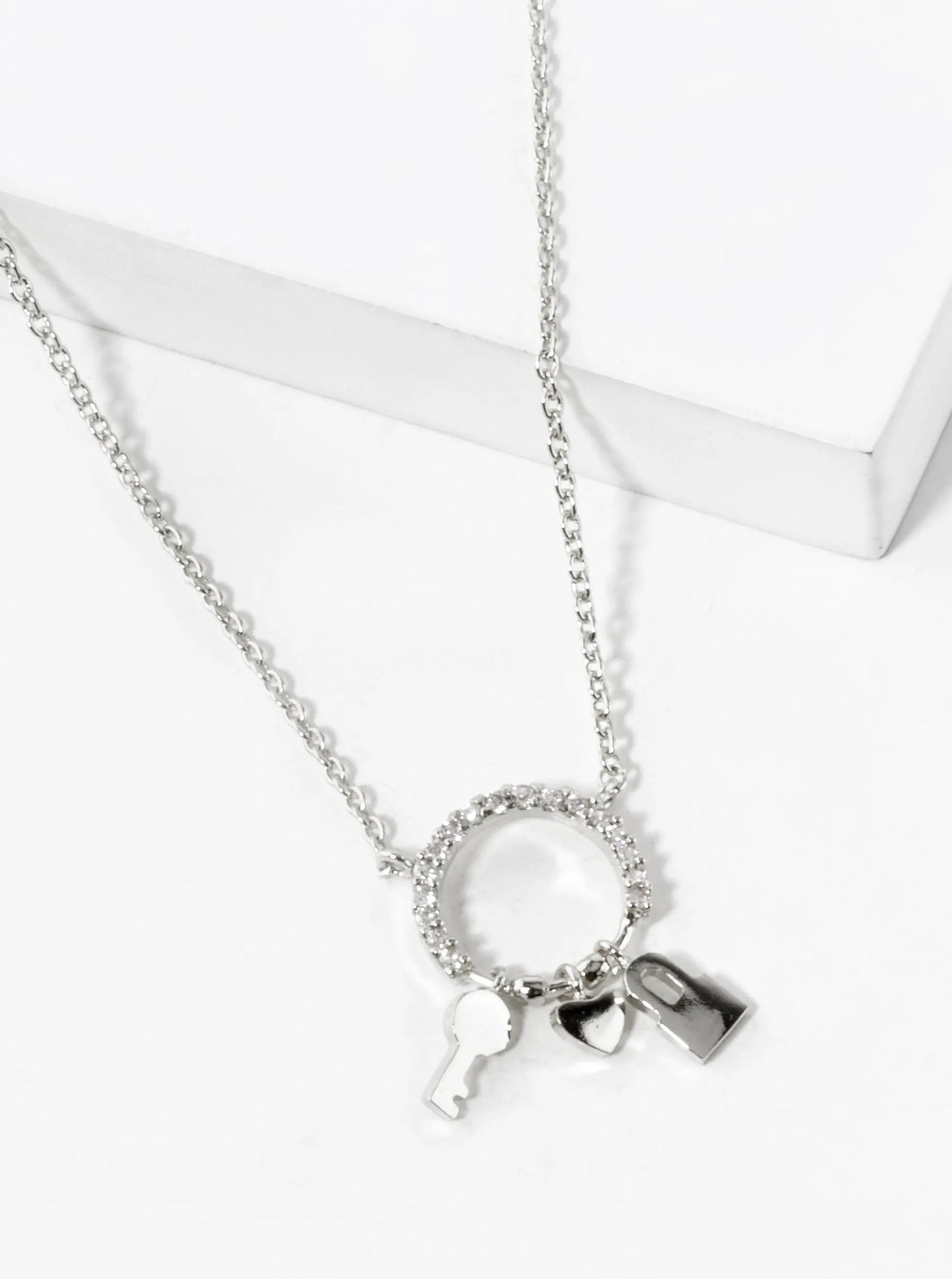 18K Gold Dipped Heart Key And Padlock Drop CZ Pave Circle Pendant Necklace