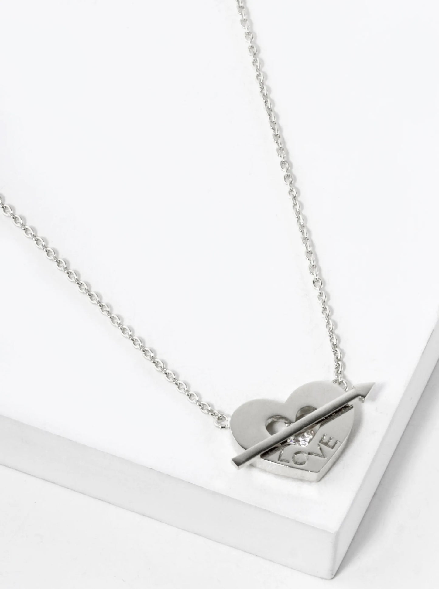 White Gold Dipped Love Engraved Cupids Heart Pendant Necklace