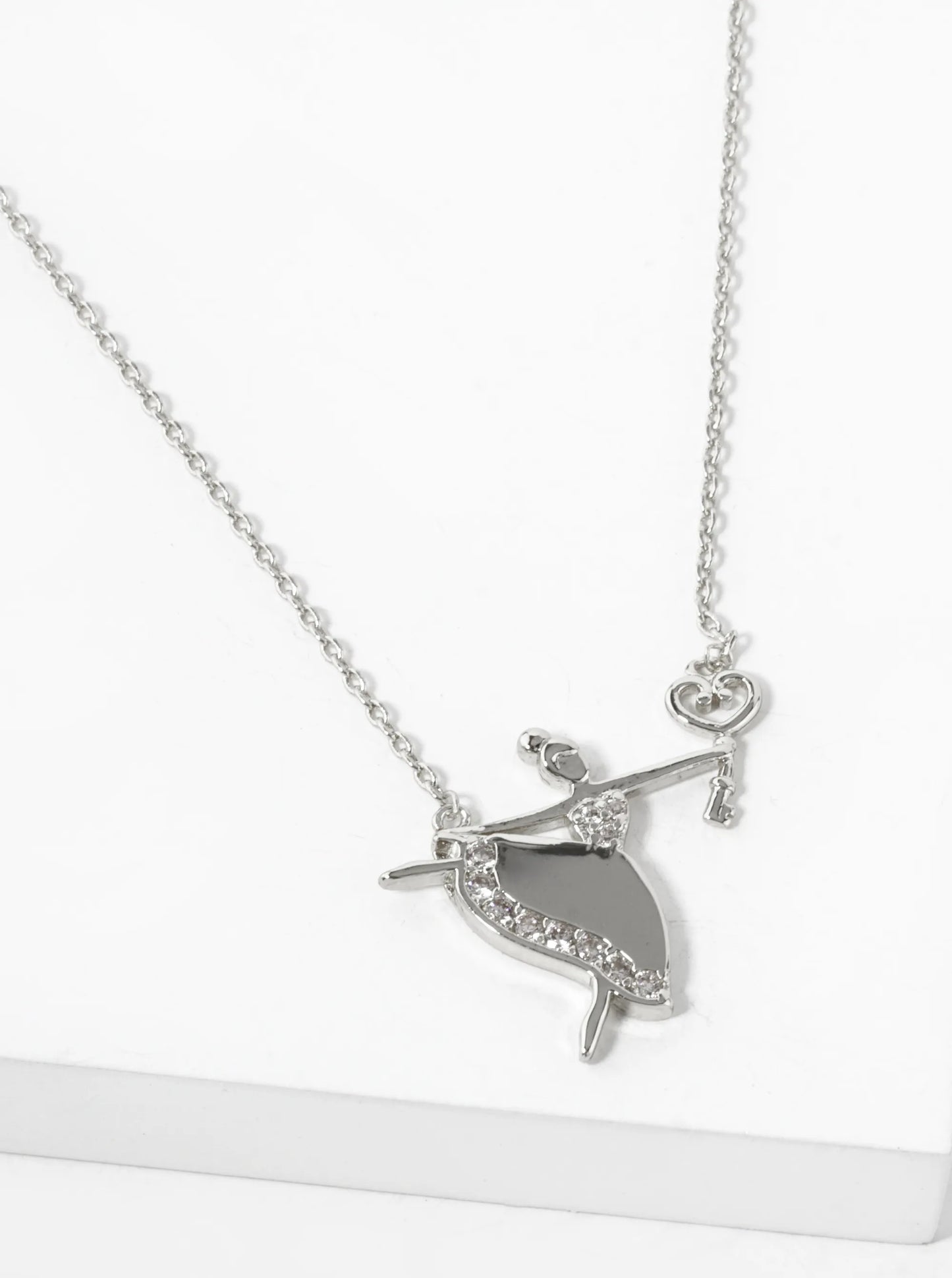 18K Gold Dipped Pave Cubic Zirconia Heart Key Grabbed Ballerina Pendant Necklace