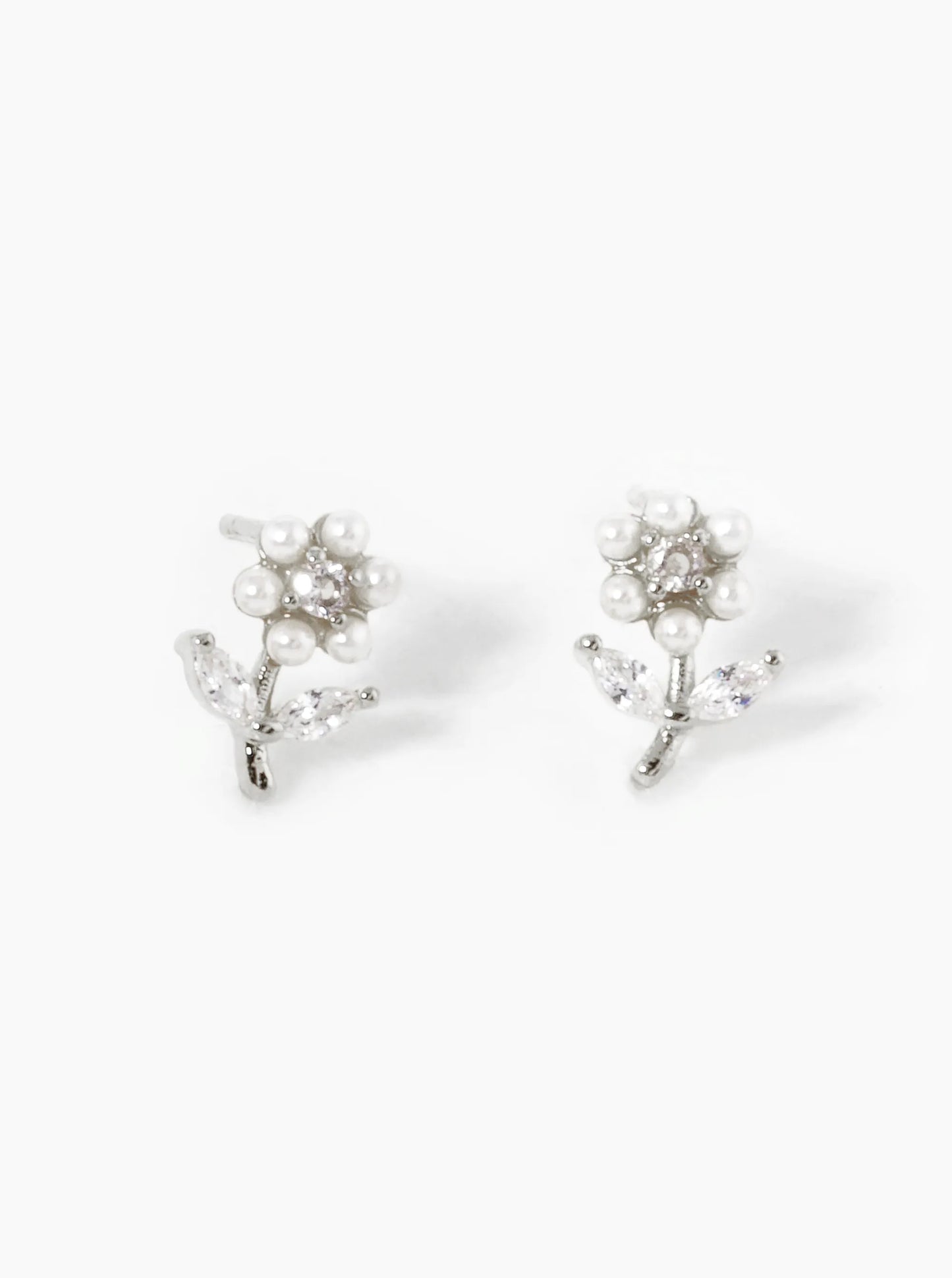 18k Gold Dipped Pearl And CZ Flower Stud Earrings