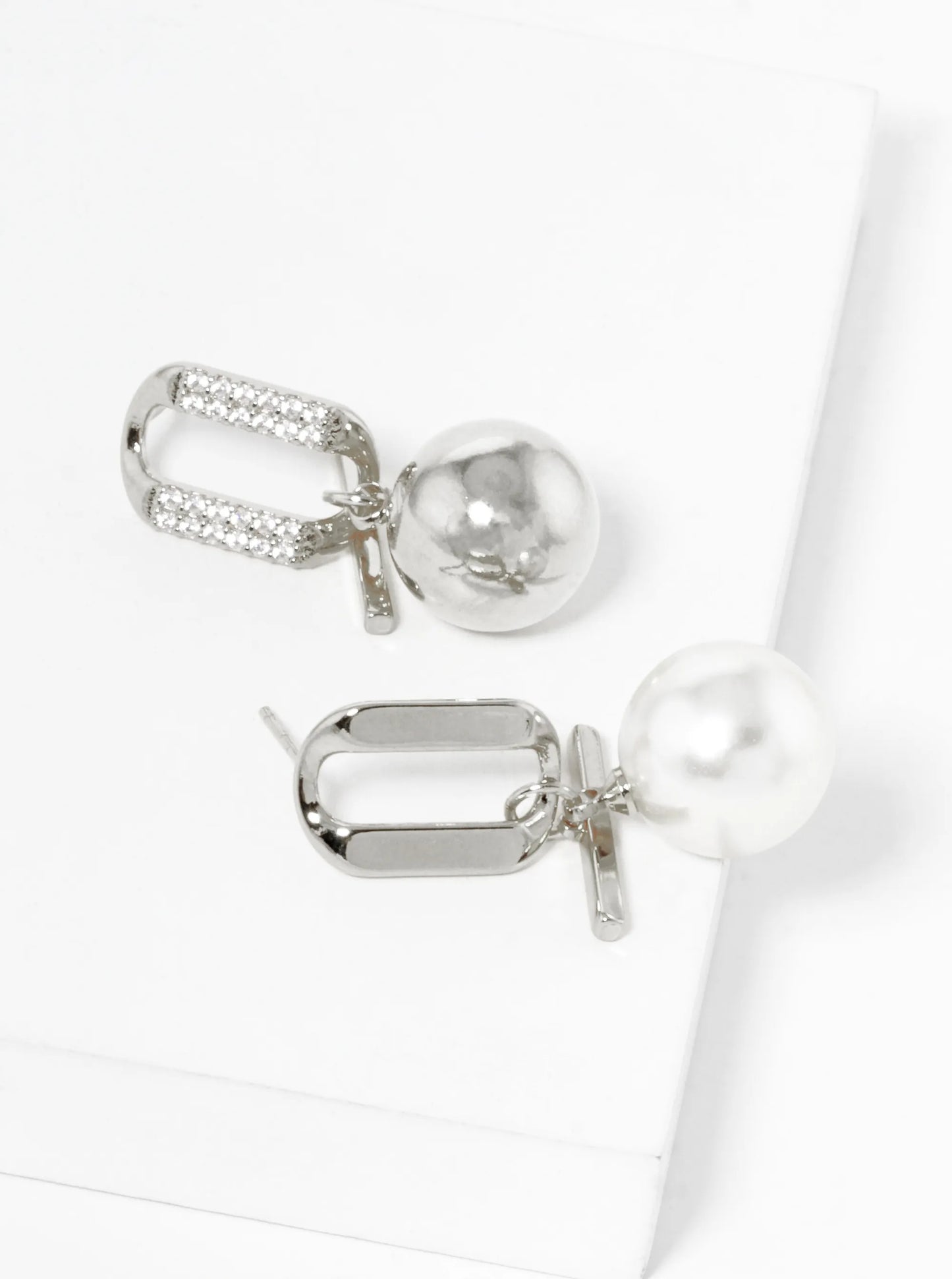 18k Gold Dipped Pearl And Metal Ball Drop CZ Pave Uneven Dangle Earrings