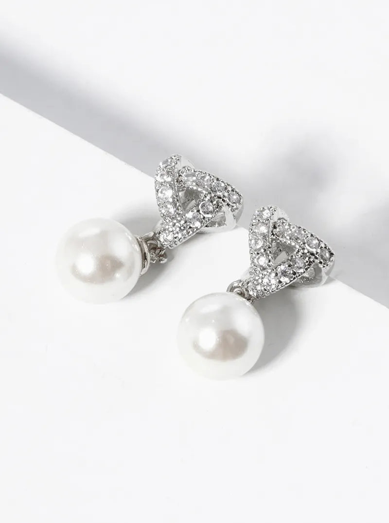 18k Gold Dipped Pearl Bead Drop CZ Pave Triangle Dangle Post Earrings