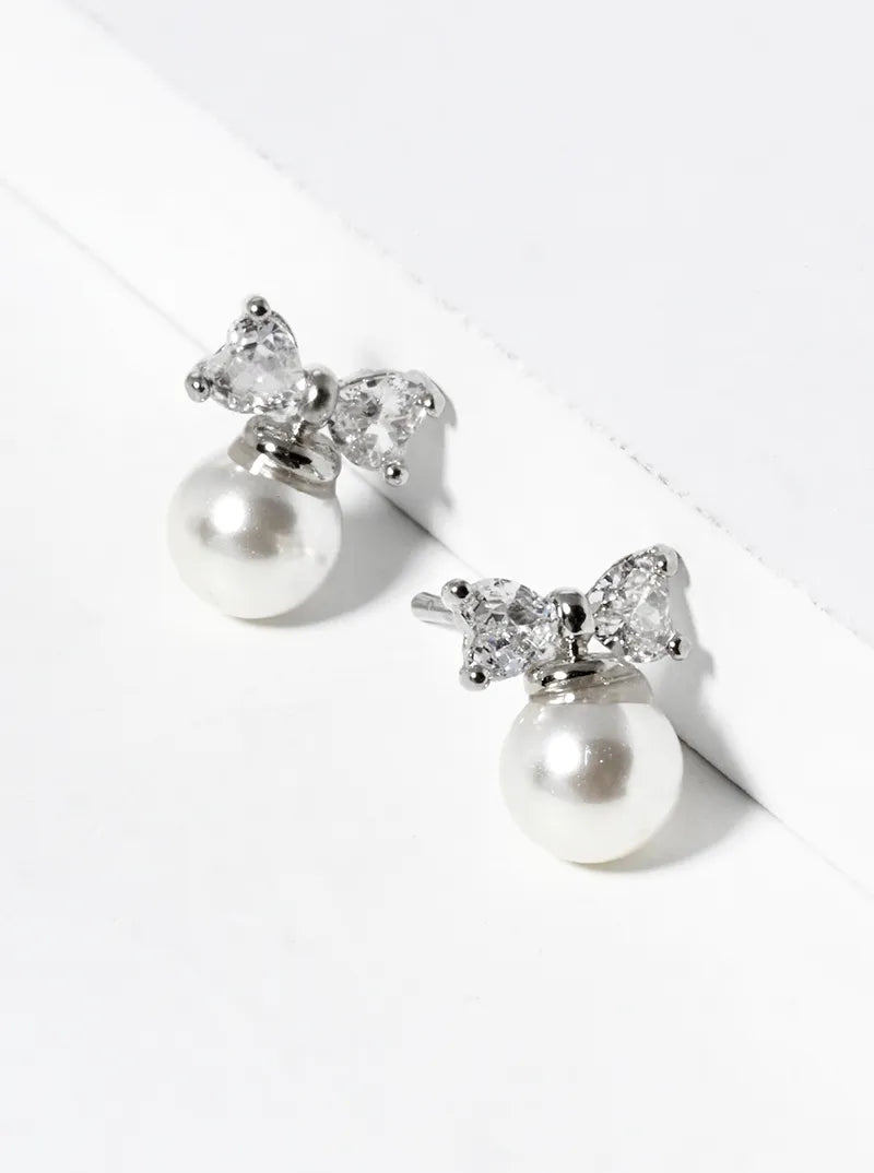 18K Gold Dipped Pearl Bead Drop CZ Ribbon Bow Post Stud Earrings