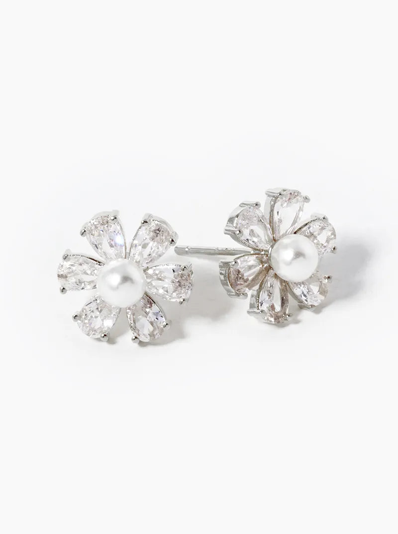 18k Gold Dipped Pearl CZ Flower Stud Earrings